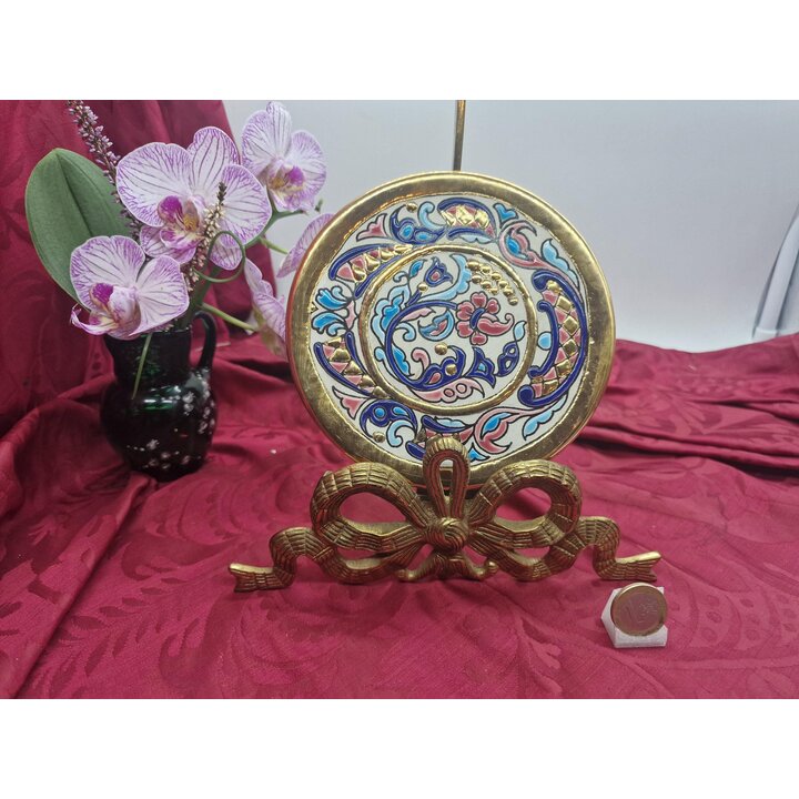 Dekorativer Wandteller, Artecer Sevilla Keramik, handbemalt Cuerda Seca Emaillierung mit 24k Blattgold, Modell Rosa, 14 cm