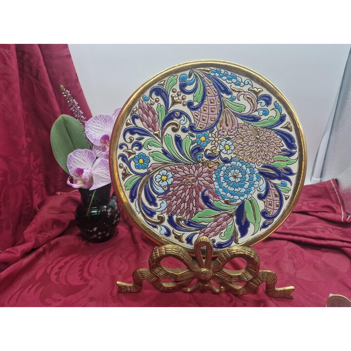 Artecer Sevilla Wandteller Keramik, Handbemalt Cuerda Seca Emailliert mit Gold, Spanische Dekorteller Blumendesign, 21 cm