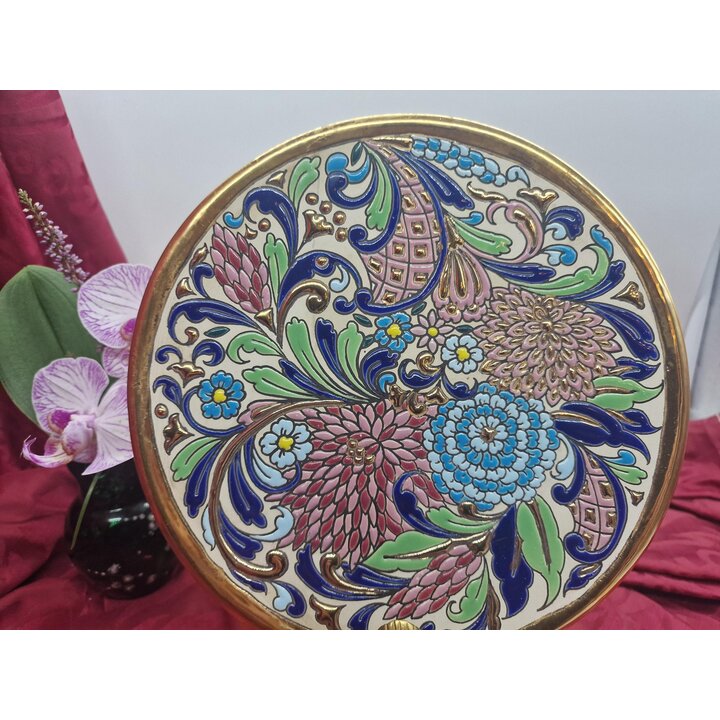 Plato decorativo de cerámica Artecer Sevilla, técnica cuerda seca con esmalte y oro de ley, plato de pared floral vintage, 21 cm