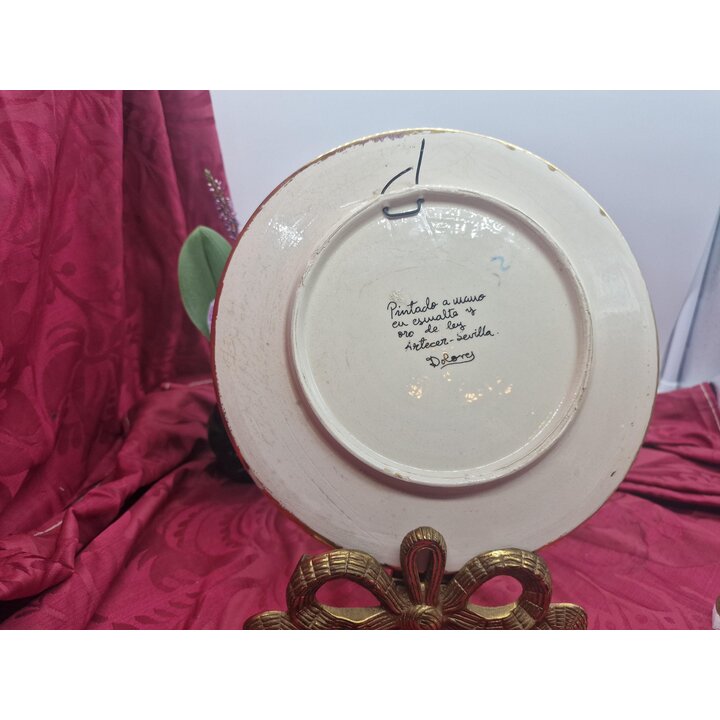 Piatto decorativo da parete ceramica Artecer Siviglia, dipinto a mano cuerda seca smalto e oro di legge, piatto floreale vintage