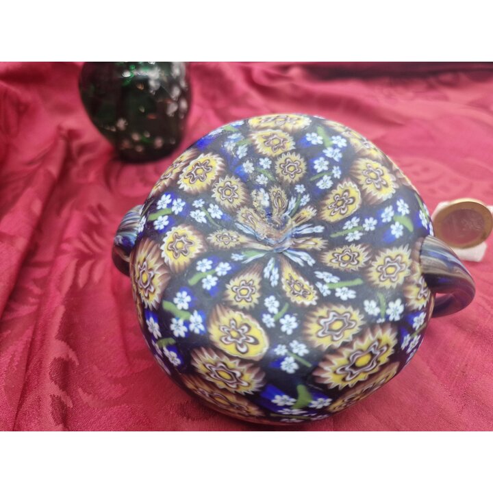 Murano Millefiori Schaal, Antieke Fratelli Toso Schaal met Twee Handvatten, Gesatineerd Murrine Glas, Collectie Decoratie