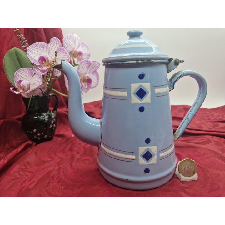 Cafeteira Esmaltada Vintage, Jarro de Esmalte Alemao Azul, Padrao Geometrico de Losangos, 1 Litro, 20 cm