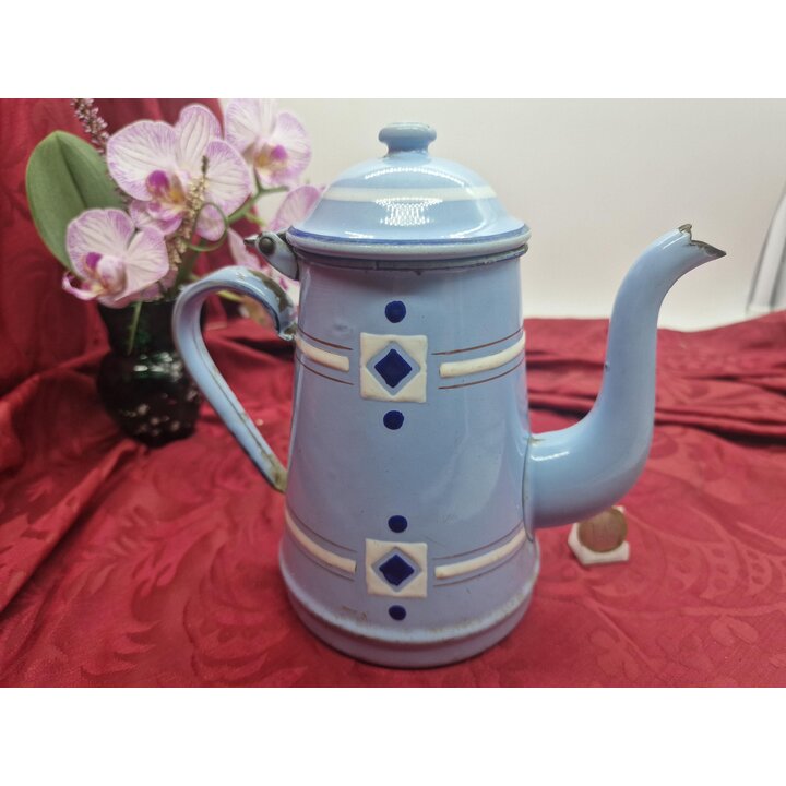 ヴィンテージ エナメル コーヒー ポット ドイツ製 青 ホーロー 水差し ジオメトリック 幾何学模様 1L 20cm