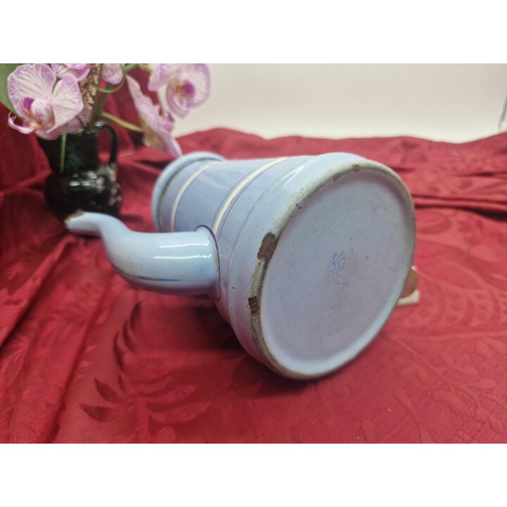 Vintage Geemailleerde Koffiepot, Duitse Blauwe Emaille Kanne, Geometrisch Motief, Inhoud 1 Liter, 20 cm