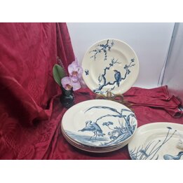 ロングウィー Japonais 平皿 6枚セット フランス製 陶器 プレート 青い鳥と植物の和柄 モノクローム 径23cm 1900年頃