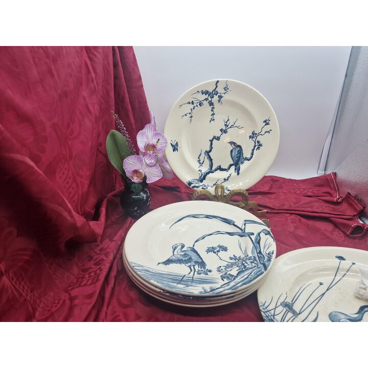 Set van 6 platte borden, Longwy Japonais faience borden, Frans servies blauwe Japanse vogels, antiek aardewerk, 23 cm, circa 190