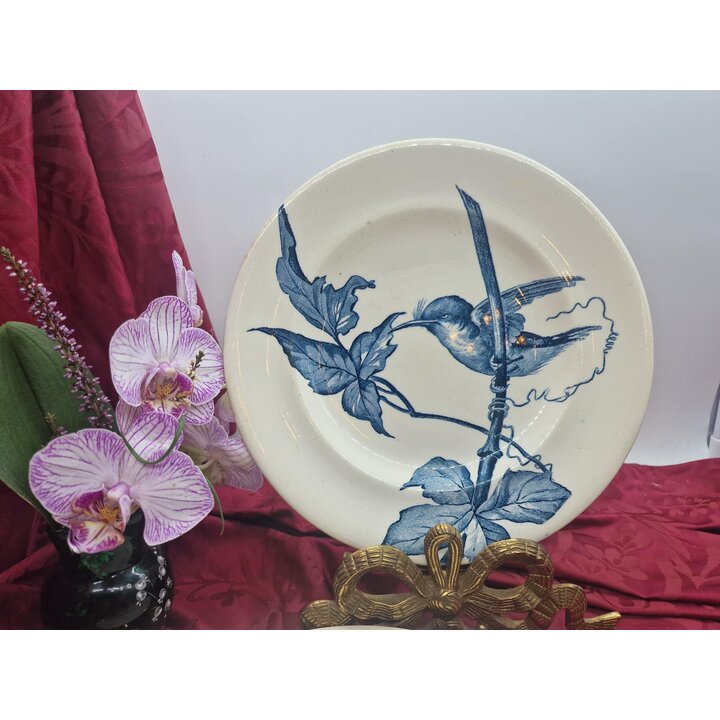 Set of 6 dinner plates, Longwy Japonais faience plates, blue Japanese bird decor, French transferware dishes, 23 cm, circa 1900