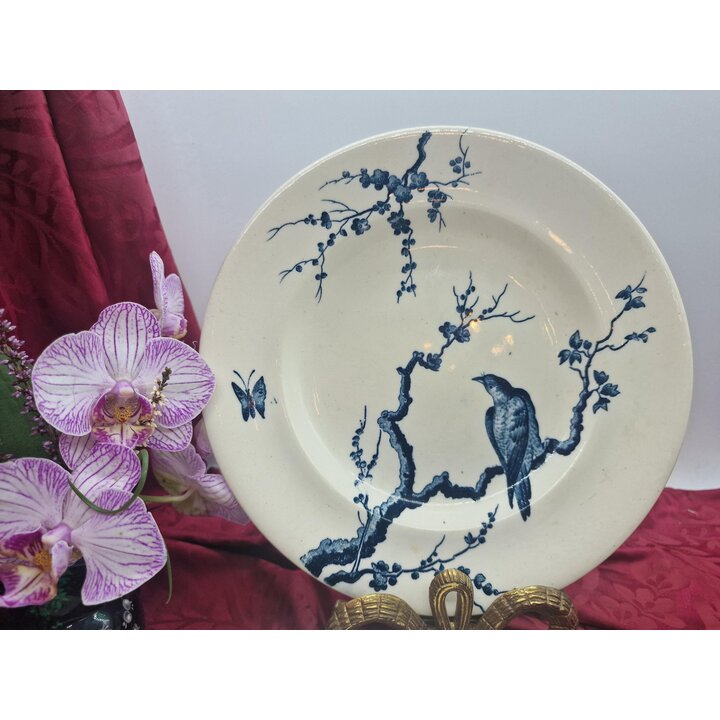 ロングウィー Japonais 平皿 6枚セット フランス製 陶器 プレート 青い鳥と植物の和柄 モノクローム 径23cm 1900年頃