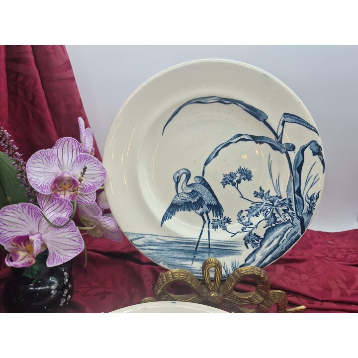 Set of 6 dinner plates, Longwy Japonais faience plates, blue Japanese bird decor, French transferware dishes, 23 cm, circa 1900