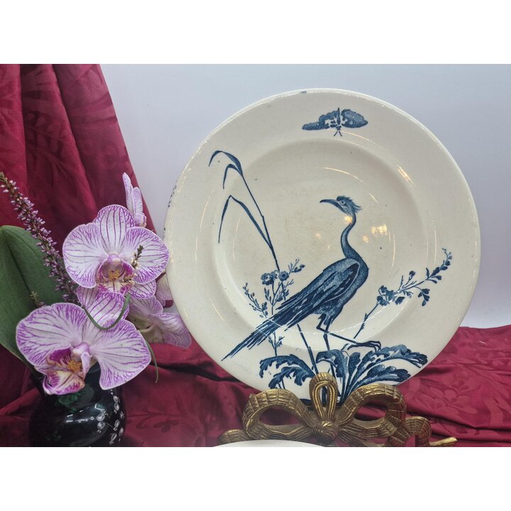 Set van 6 platte borden, Longwy Japonais faience borden, Frans servies blauwe Japanse vogels, antiek aardewerk, 23 cm, circa 190