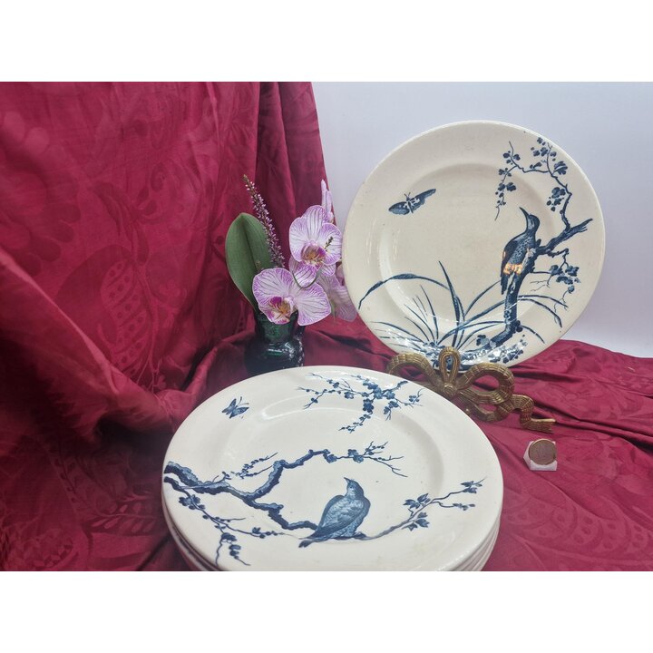 Set van 6 platte borden, Longwy Japonais faience borden, Frans servies blauwe Japanse vogels, antiek aardewerk, 23 cm, circa 190