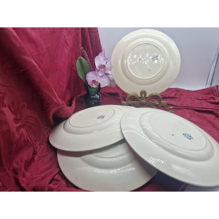 Set of 6 dinner plates, Longwy Japonais faience plates, blue Japanese bird decor, French transferware dishes, 23 cm, circa 1900