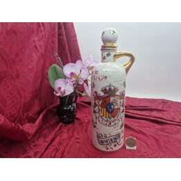 Karafka do Whisky Butelka Fimonca Hiszpania, Malowana Porcelana Herb Szlachecki 600ml, Vintage Barware Lata 50