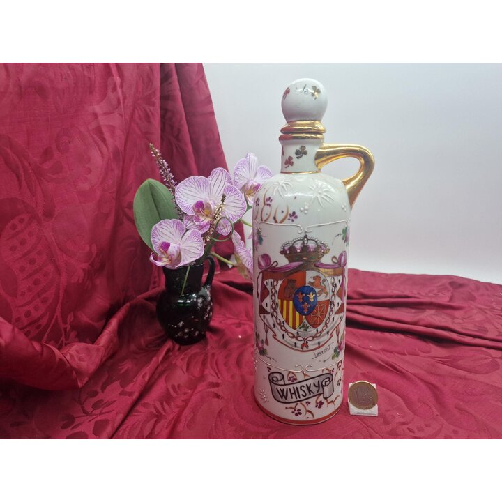 Whisky Karaffe Flasche Fimonca Spanien, Handbemalte Porzellan Gin Flasche Wappen Tapón 600ml, Vintage Barware 1950er
