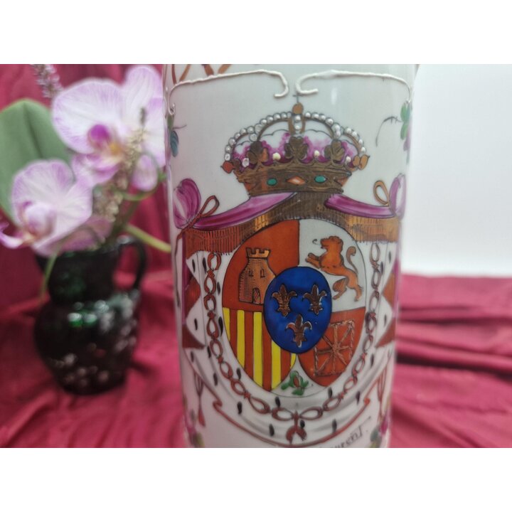 Garrafa Decanter Whisky Fimonca Espanha, Porcelana Pintada a Mão Brasão Heráldico 600ml, Barware Vintage Anos 50