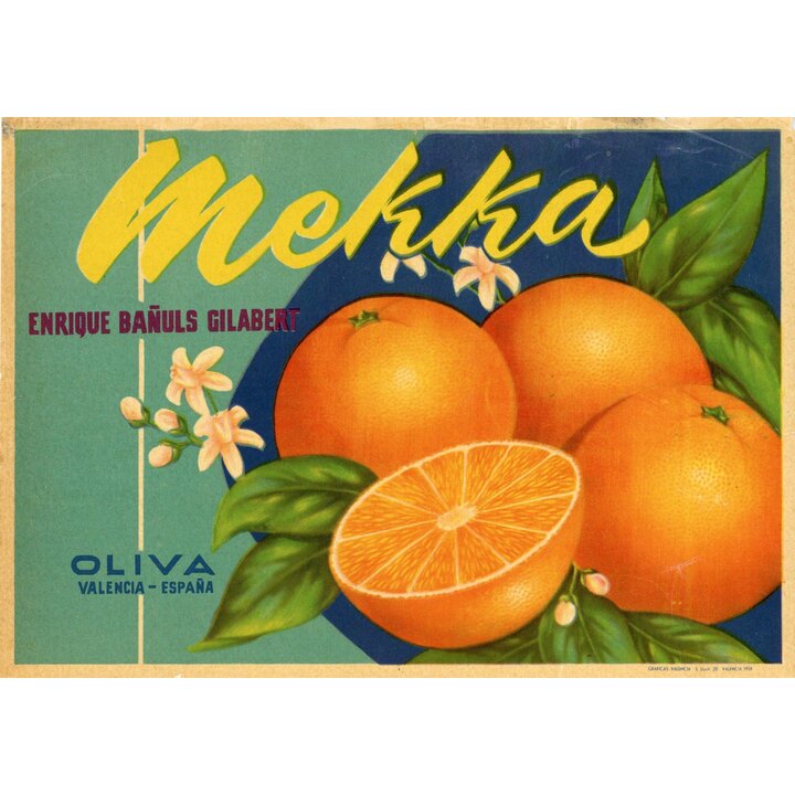 Vintage Spanish Orange Ad Mekka Poster c. 1950s, Ortega Valencia Lithograph, Enrique Bañuls Gilabert, Fruit Wall Art 24x17cm