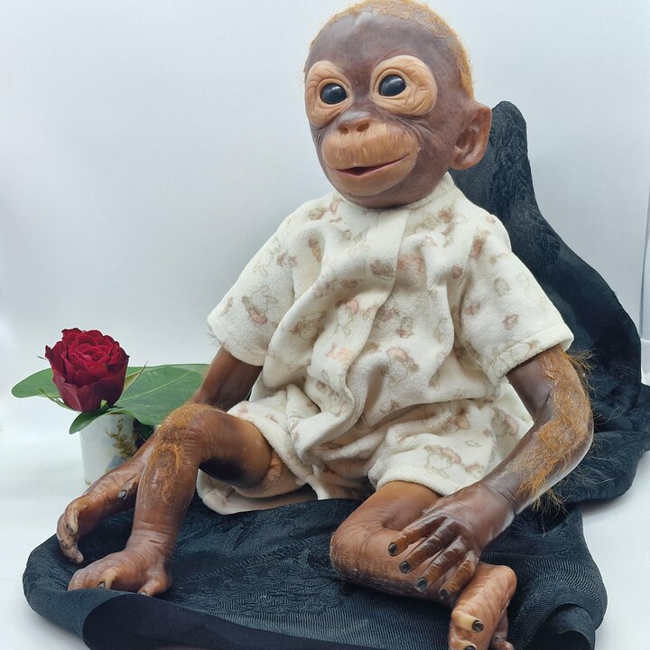 リアルなリボーンオランウータン人形 48cm, 1990年代ヴィンテージ赤ちゃん猿霊長類, 布とビニール製コレクターズアートドール
