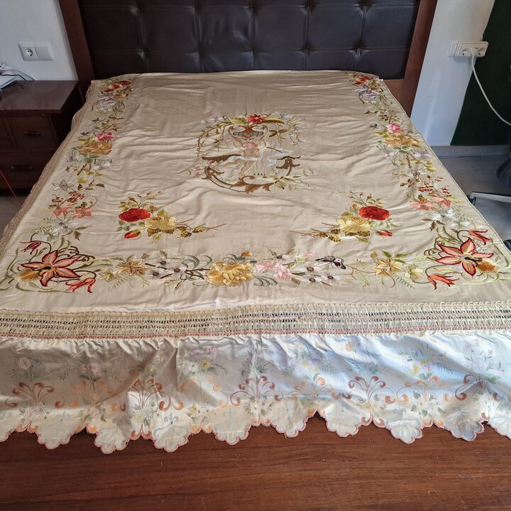 Antique French Silk Bedspread 1900s Hand Embroidered Cherub Putti Flower Garland Silk Damask Scalloped Edge Trousseau Victorian 