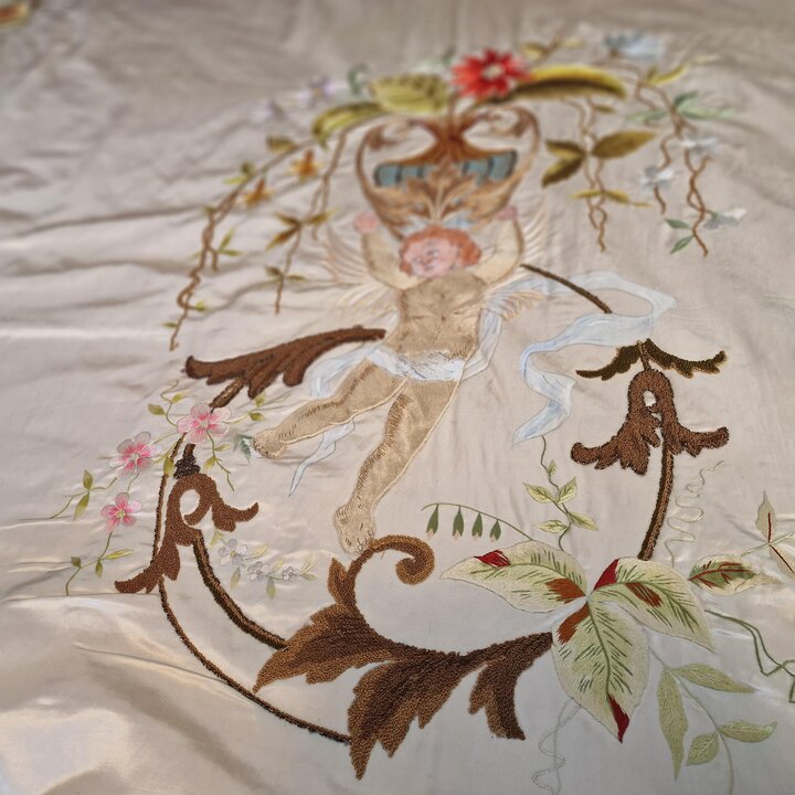 Antique French Silk Bedspread 1900s Hand Embroidered Cherub Putti Flower Garland Silk Damask Scalloped Edge Trousseau Victorian 