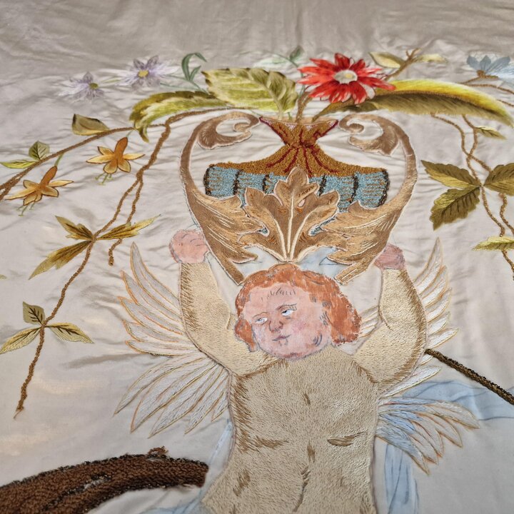 Antique French Silk Bedspread 1900s Hand Embroidered Cherub Putti Flower Garland Silk Damask Scalloped Edge Trousseau Victorian 