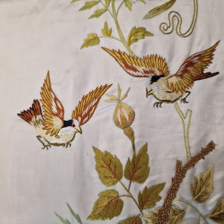 Antique French Silk Bedspread 1900s Hand Embroidered Cherub Putti Flower Garland Silk Damask Scalloped Edge Trousseau Victorian 