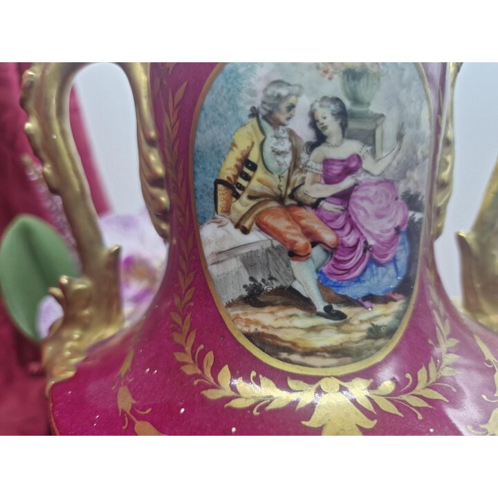 Antique Sevres Style Porcelain Urn Vase with Lid Hand Painted Galant Scene Burgundy Gold For Restoration 30 cm