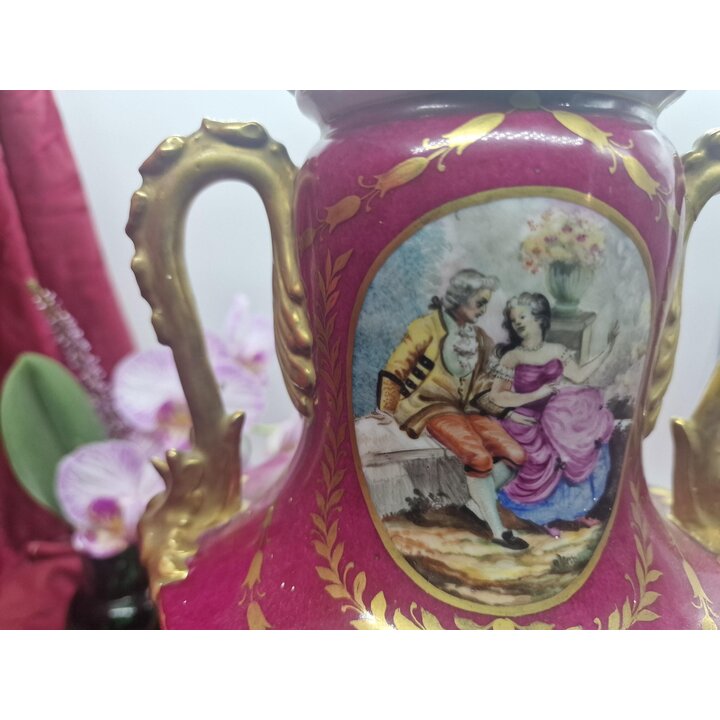 Antique Sevres Style Porcelain Urn Vase with Lid Hand Painted Galant Scene Burgundy Gold For Restoration 30 cm