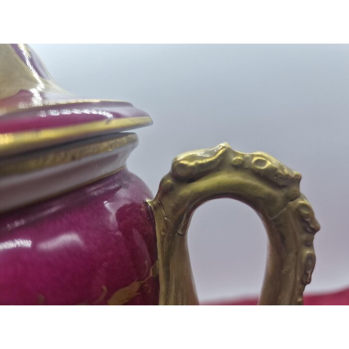セーヴル様式 アンティーク 磁器 蓋付き 壺 花瓶 手描き 宮廷風景 ボルドー 金彩 修復用 30 cm