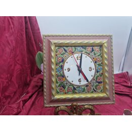Reloj de Pared de Ceramica Espanola Cuerda Seca Mayolica Artesanal Floral Con Marco de Madera Vintage 20x20 cm