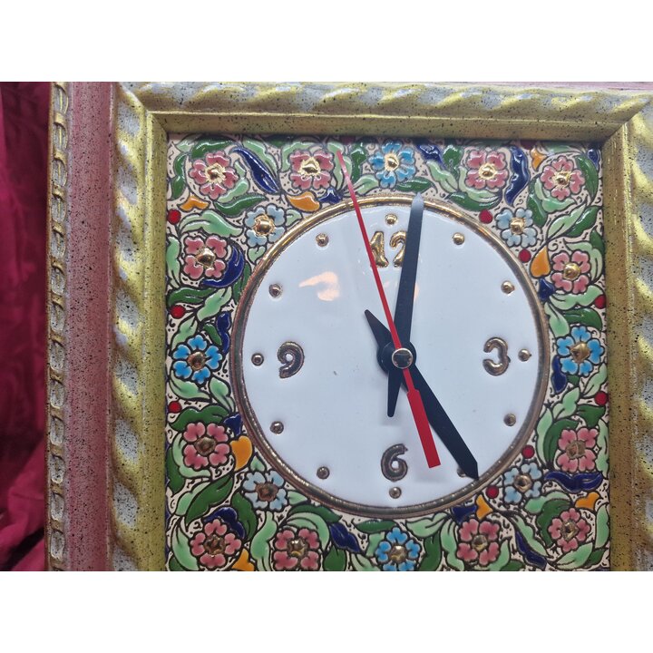 Reloj de Pared de Ceramica Espanola Cuerda Seca Mayolica Artesanal Floral Con Marco de Madera Vintage 20x20 cm