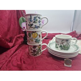 Service de 4 Tasses y Soucoupes Espresso Portmeirion Botanic Garden, Service a Cafe Vintage en Ceramique Anglaise, Motif Floral 