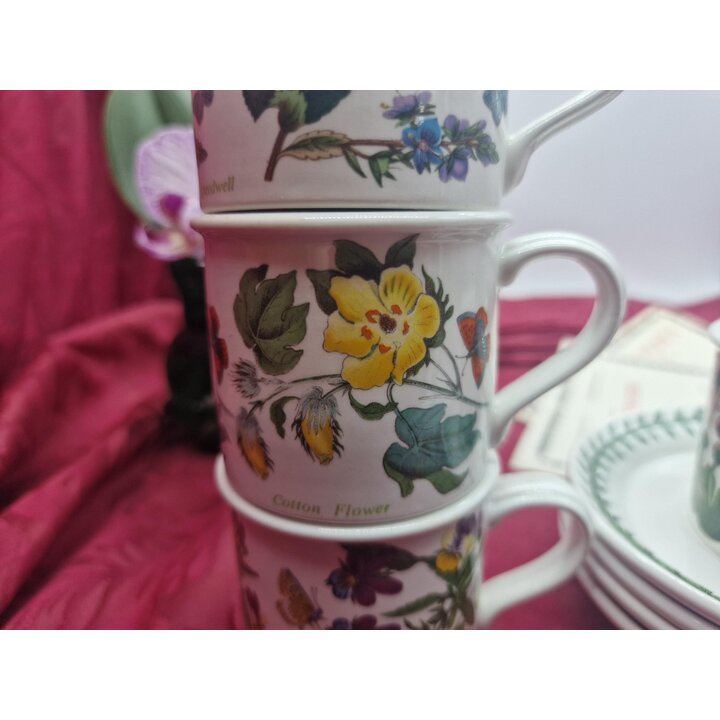 Set 4 Portmeirion Botanic Garden Espressotassen und Untertassen, Vintage Englisches Demitasse Kaffeeset Keramik, Botanische Moti