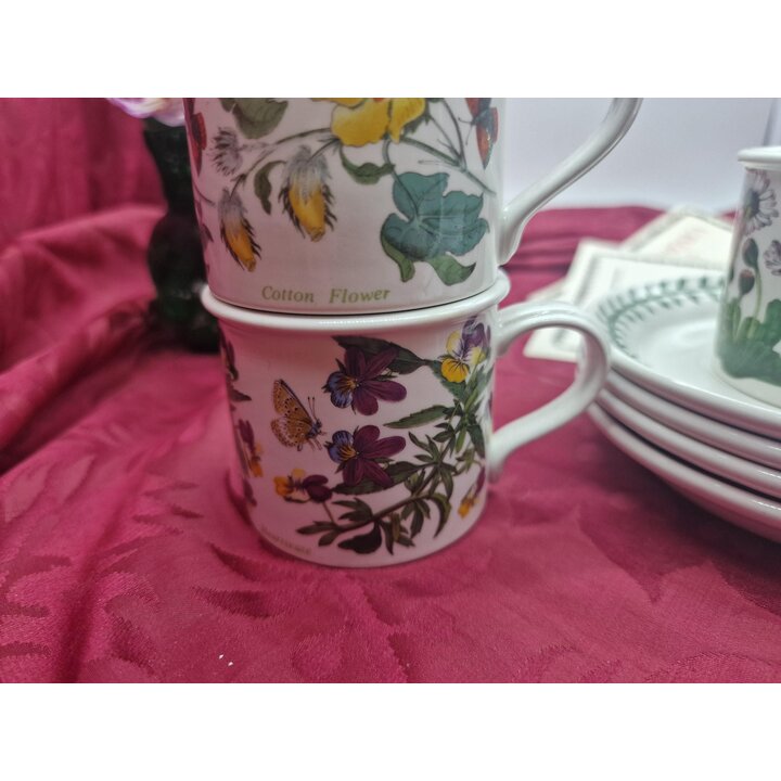 Set van 4 Portmeirion Botanic Garden Espressokoppen en Schotels, Vintage Engelse Demitasse Koffieset Keramiek, Botanisch Motief