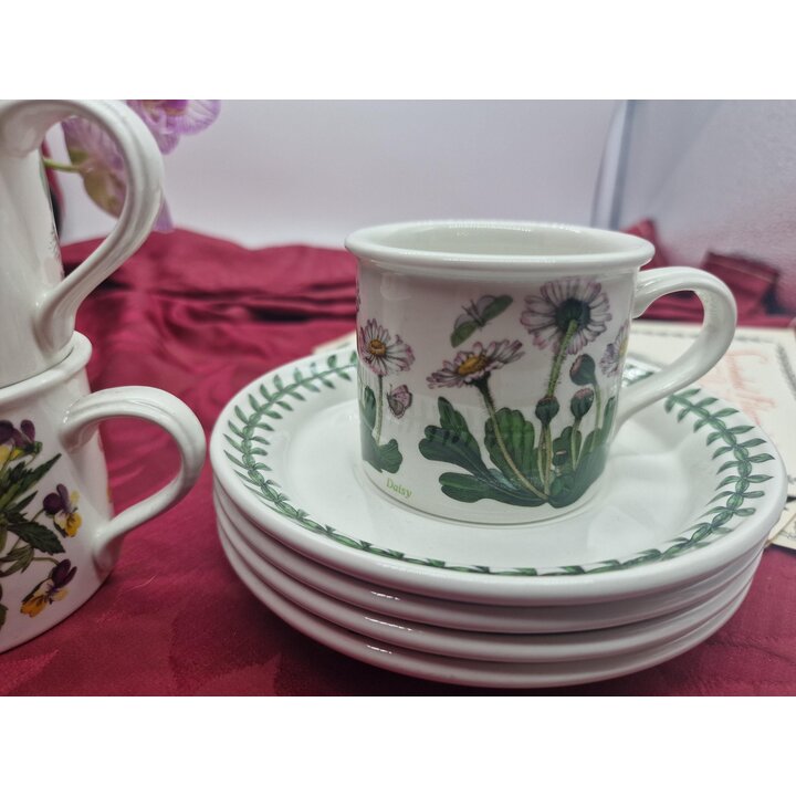 Set van 4 Portmeirion Botanic Garden Espressokoppen en Schotels, Vintage Engelse Demitasse Koffieset Keramiek, Botanisch Motief