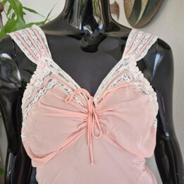 Completo Intimo Vintage Tre Pezzi, Camicia da Notte in Seta e Mantellina con Pizzo Fatto a Mano, Rosa Pesca, Anni 1940, Taglia S