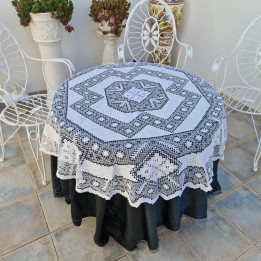 Tovaglia rotonda in pizzo filé vintage 1950 - 145cm