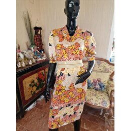 Abito seta vintage Présentations Genève anni 70 - Retro floreale midi seta arancione beige - Taglia XS seno 82cm
