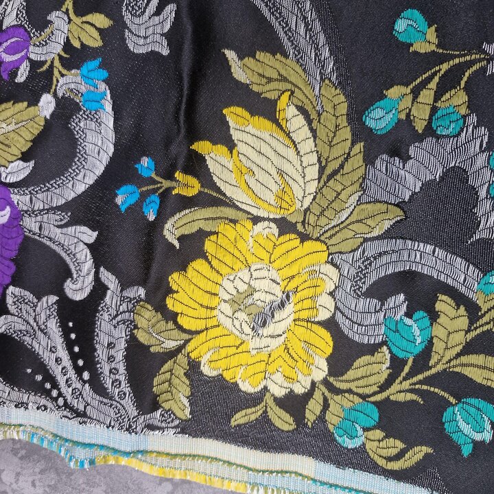 Antique Valencia Silk Brocade Fabric – Silver Lurex Floral – Reclaimed Fallera Skirt – Spanish Textile