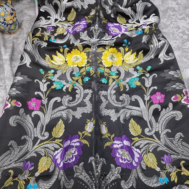 Antique Valencia Silk Brocade Fabric – Silver Lurex Floral – Reclaimed Fallera Skirt – Spanish Textile