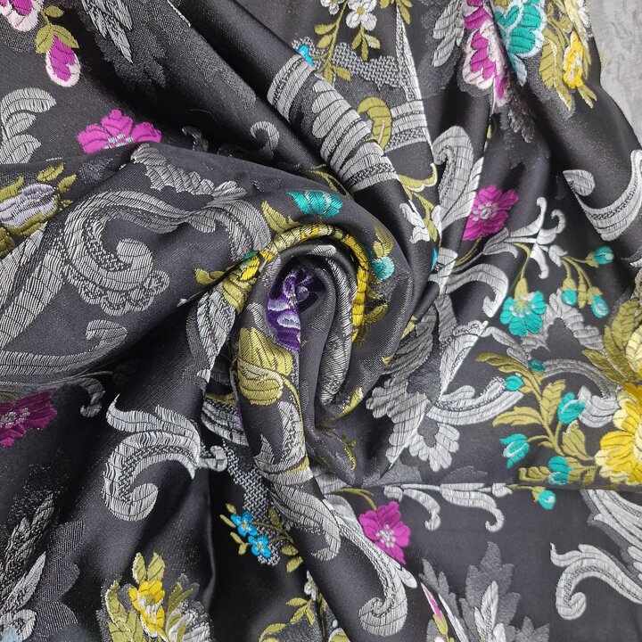 Antique Valencia Silk Brocade Fabric – Silver Lurex Floral – Reclaimed Fallera Skirt – Spanish Textile