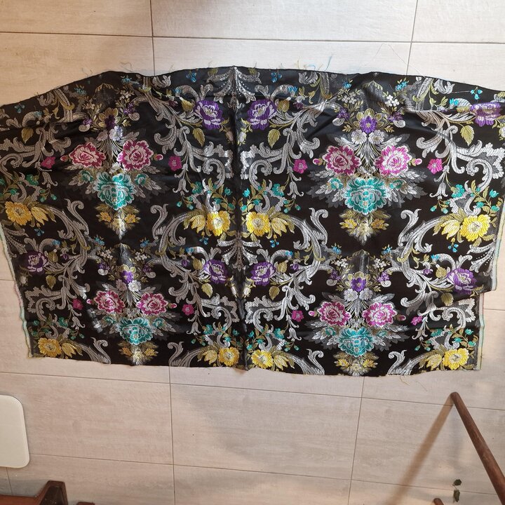 Antique Valencia Silk Brocade Fabric – Silver Lurex Floral – Reclaimed Fallera Skirt – Spanish Textile