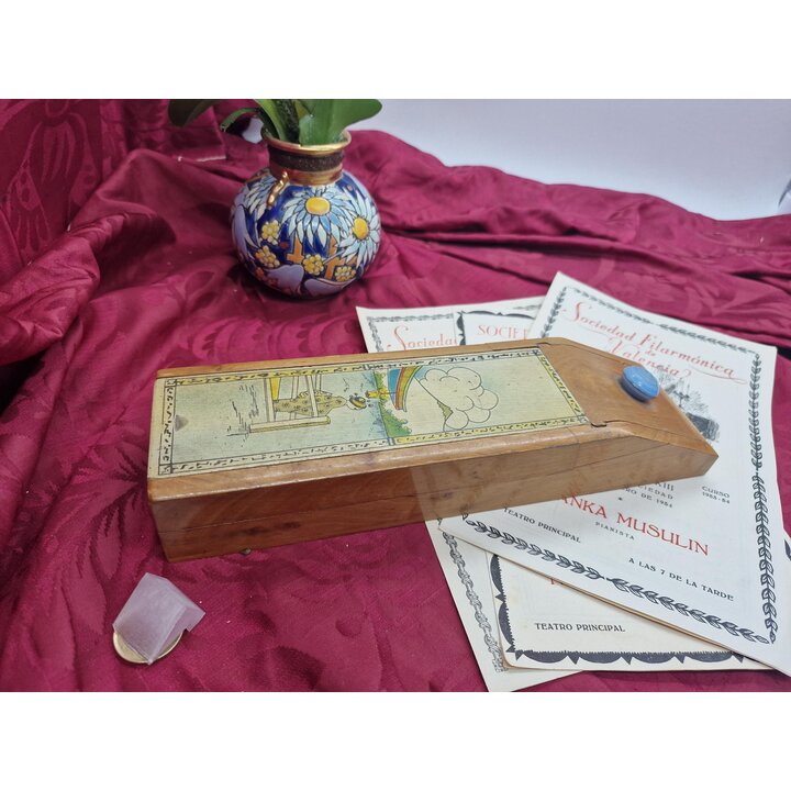 Astuccio in Legno e Asciugino Vintage, Colegio Maria Inmaculada Carcaixent 1953, Kit con Compasso Temperamatite e Tiralinee