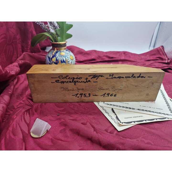 Astuccio in Legno e Asciugino Vintage, Colegio Maria Inmaculada Carcaixent 1953, Kit con Compasso Temperamatite e Tiralinee