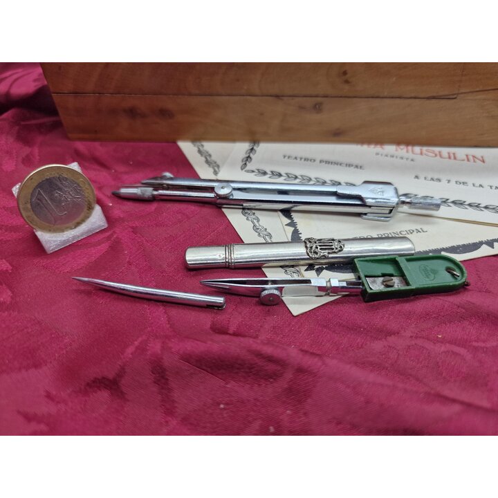 Astuccio in Legno e Asciugino Vintage, Colegio Maria Inmaculada Carcaixent 1953, Kit con Compasso Temperamatite e Tiralinee