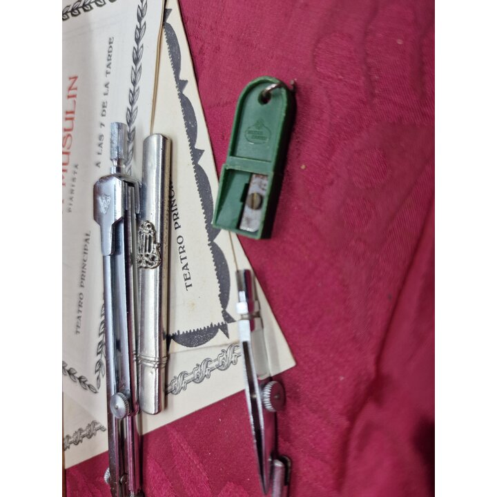 Astuccio in Legno e Asciugino Vintage, Colegio Maria Inmaculada Carcaixent 1953, Kit con Compasso Temperamatite e Tiralinee