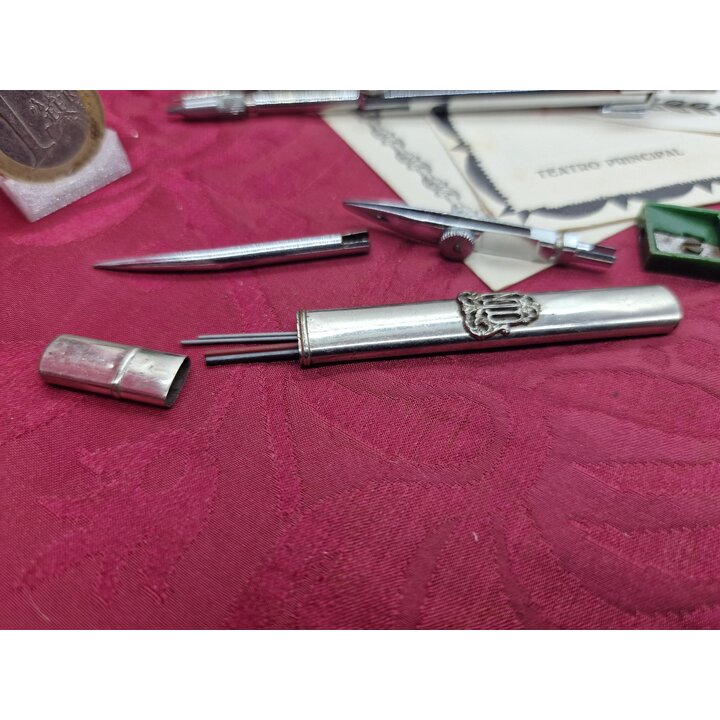Astuccio in Legno e Asciugino Vintage, Colegio Maria Inmaculada Carcaixent 1953, Kit con Compasso Temperamatite e Tiralinee