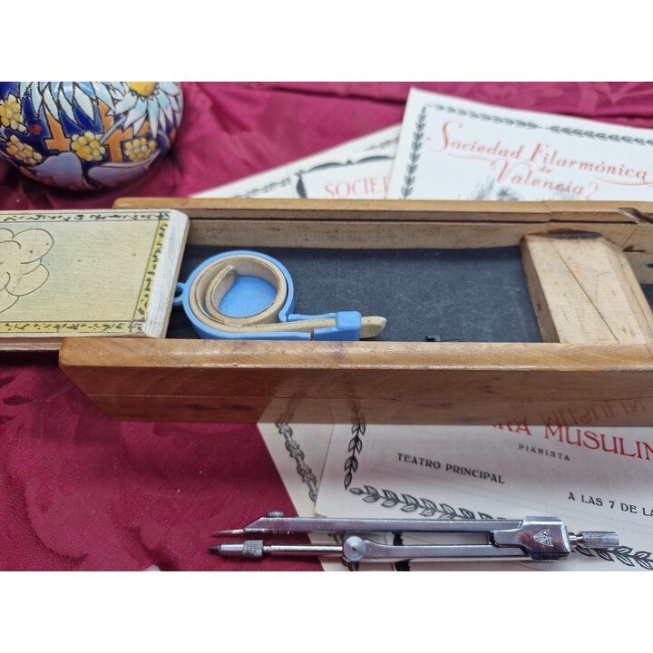 Astuccio in Legno e Asciugino Vintage, Colegio Maria Inmaculada Carcaixent 1953, Kit con Compasso Temperamatite e Tiralinee