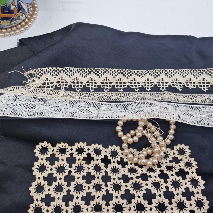 Antique Black and White Textile Lot - 15 Items - Natural Silk, Chantilly Lace, Satin, Faux Pearls - Edwardian Era Sewing Supply 