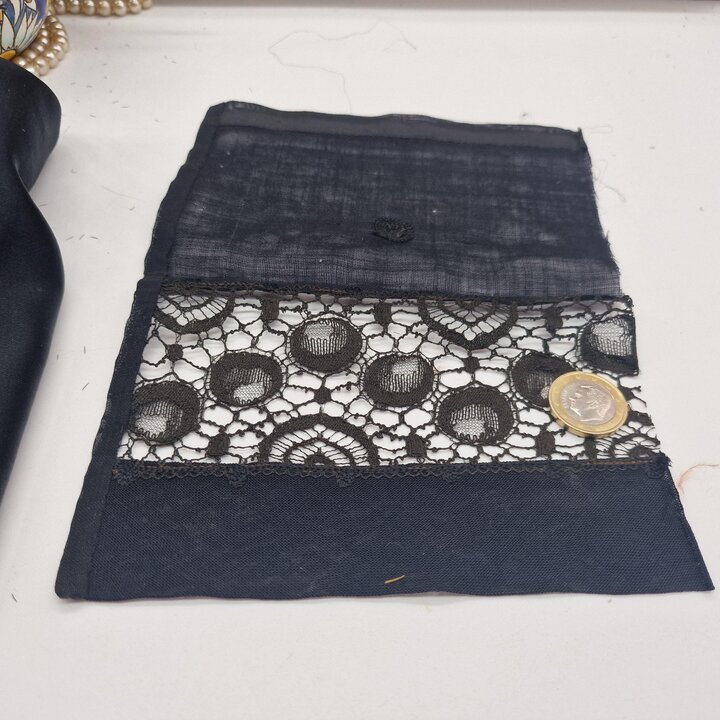 Antique Black and White Textile Lot - 15 Items - Natural Silk, Chantilly Lace, Satin, Faux Pearls - Edwardian Era Sewing Supply 
