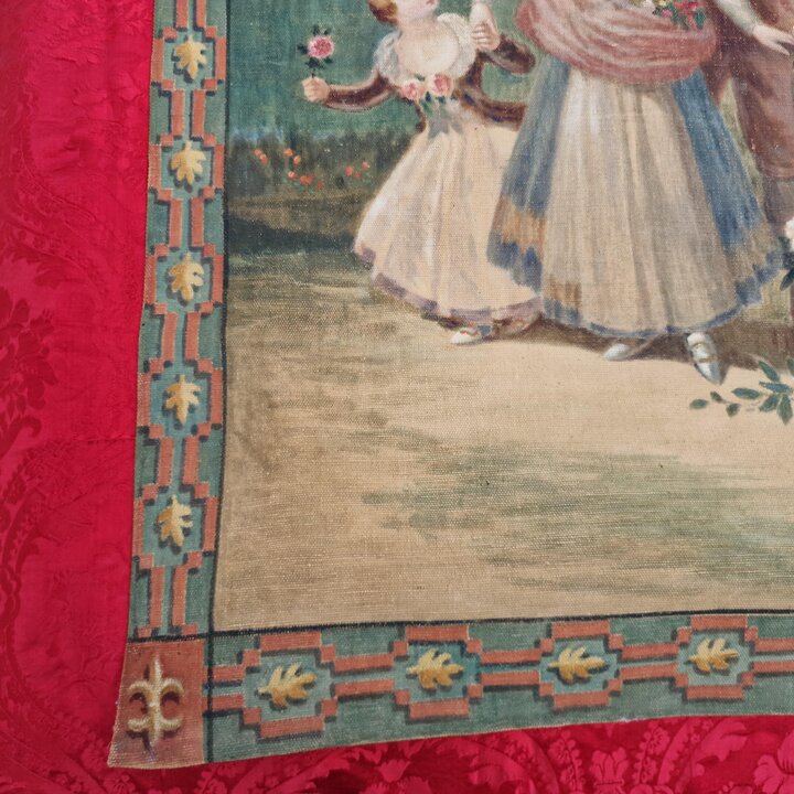 Paar Handbemalte Leinwandpaneele nach Goya, Antike Sargas Pintadas Wandteppich Entwuerfe, Las Floreras und La Vendimia, fruehes 